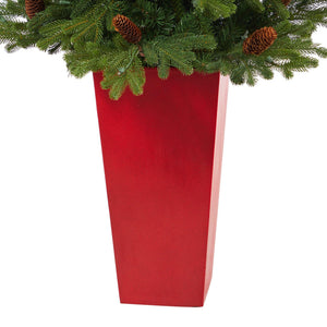 56” Yukon Mountain Fir Artificial Christmas Tree with 100 Clear Lights, Pine Cones and 386 Bendable Branches in Red Tower Planter