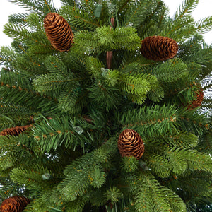 56” Yukon Mountain Fir Artificial Christmas Tree with 100 Clear Lights, Pine Cones and 386 Bendable Branches in Red Tower Planter