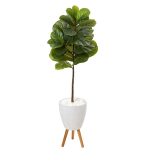 57” Fiddle Leaf Artificial Tree in White Planter with Stand (Real Touch)
