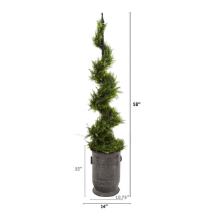 58” Cypress Artificial Spiral Topiary Tree in Vintage Metal Planter