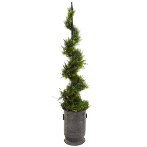 58” Cypress Artificial Spiral Topiary Tree in Vintage Metal Planter