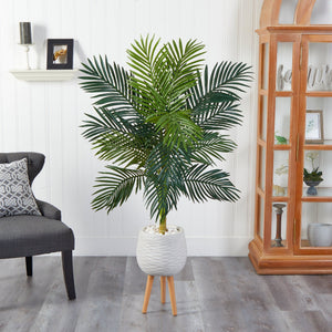 58” Golden Cane Artificial Palm Tree in White Planter with Stand