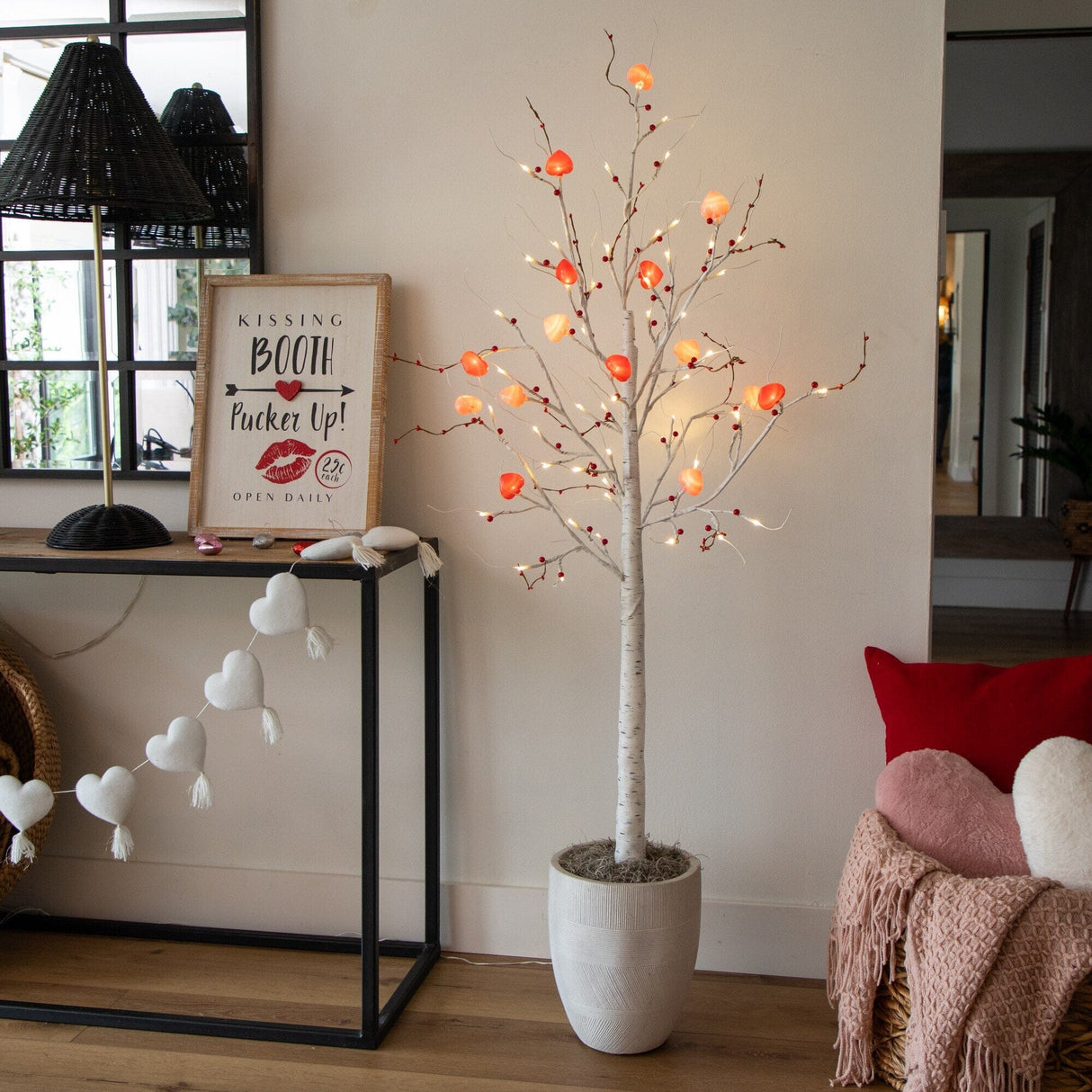 5' Pre-Lit Artificial Valentine's Day Twig Tree with 72 Heart Shaped LED Lights and Red Berries