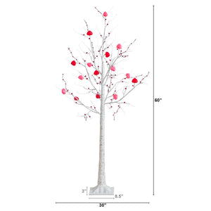 5' Pre-Lit Artificial Valentine's Day Twig Tree with 72 Heart Shaped LED Lights and Red Berries