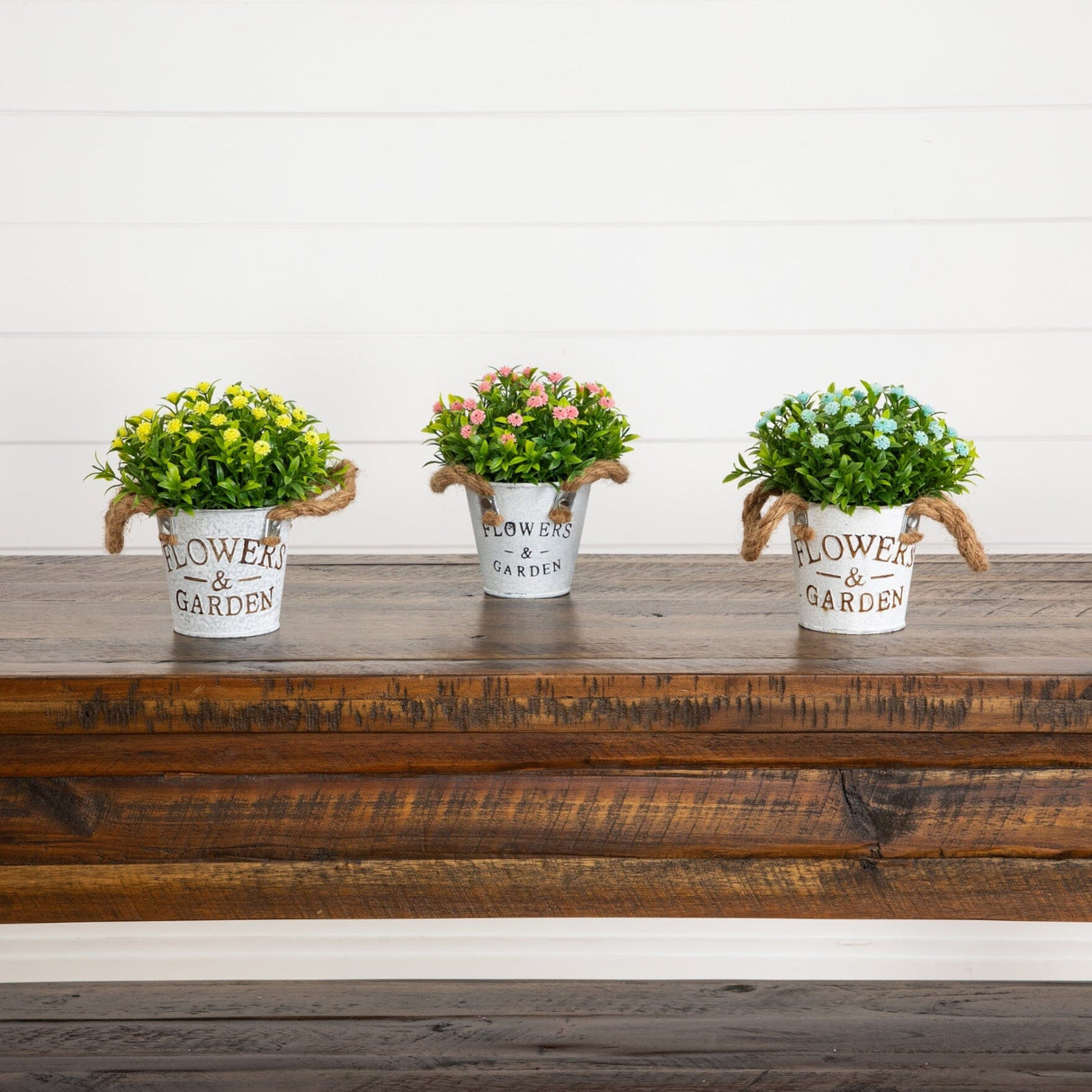 6" Artificial Mixed Button Pom Plant in Rustic Flowers & Garden Planter -Set of 3