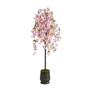 6' Cherry Blossom Artificial Tree in Ribbed Metal Planter