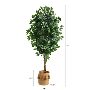6’ Ficus Artificial Tree with Natural Trunk in Handmade Natural Jute Planter with Tassels