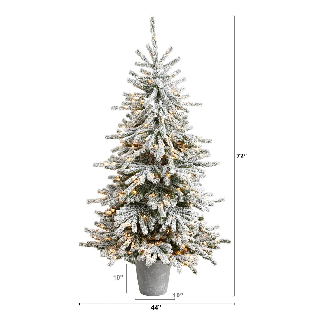 6’ Flocked Long Vermont Pine Tree with 758 Branches and 250 LED Lights in Decorative Planter