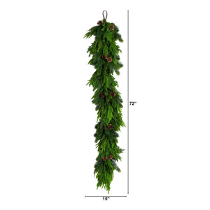 6' Artificial Mixed Pine and Norfolk Garland with Pinecones