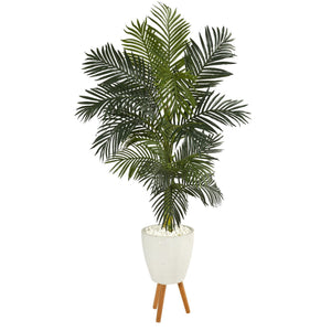 6’ Golden Cane Artificial Palm Tree in White Planter with Stand