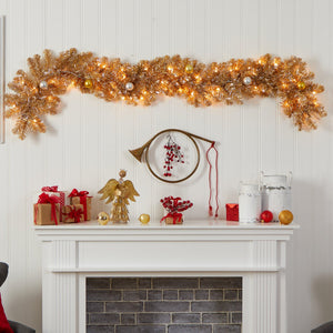 6' Holiday Christmas Golden Garland with Ornaments and 50 Warm White Lights