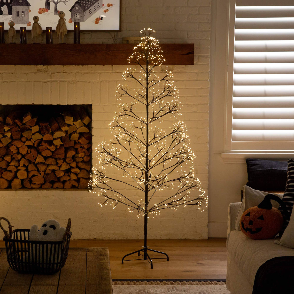 6' Pre-Lit Artificial Halloween Black Starburst Tree with 1680 Fairy Warm White LED Lights