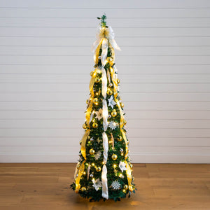 6' Pre-Lit Artificial Pop up Christmas Tree with Gold & Silver Ornaments, Ribbons and 150 Warm White LED Lights