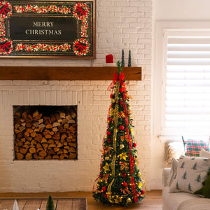 6' Pre-Lit Artificial Pop up Christmas Tree with Red & Gold Ornaments, Ribbons and 150 Warm White LED Lights