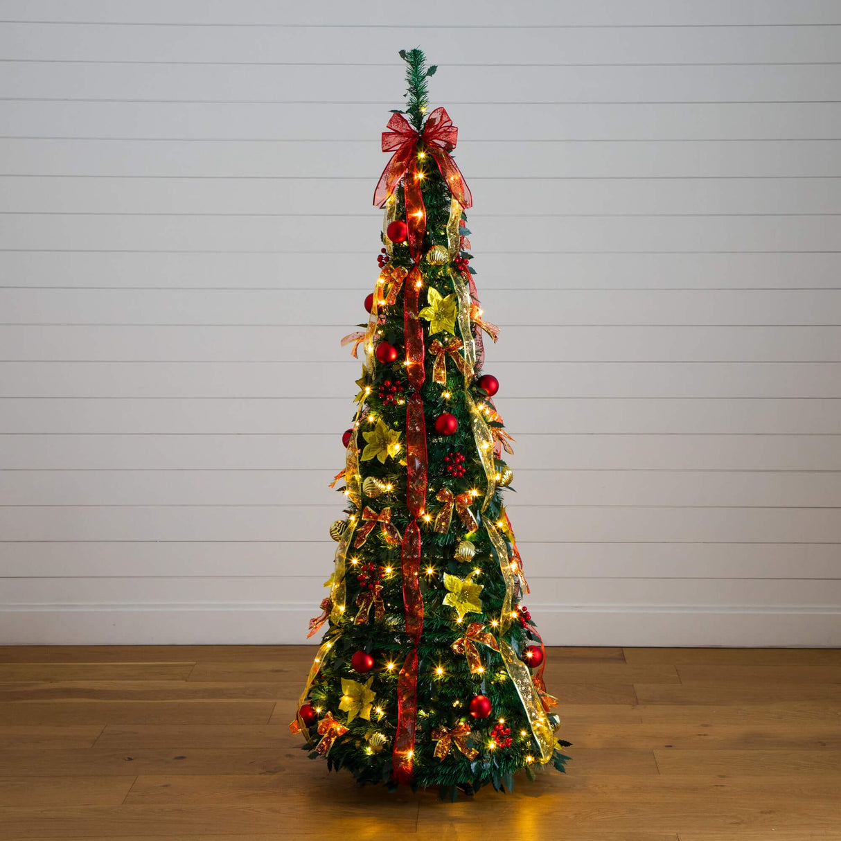 6' Pre-Lit Artificial Pop up Christmas Tree with Red & Gold Ornaments, Ribbons and 150 Warm White LED Lights