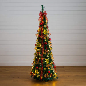 6' Pre-Lit Artificial Pop up Christmas Tree with Red & Gold Ornaments, Ribbons and 150 Warm White LED Lights