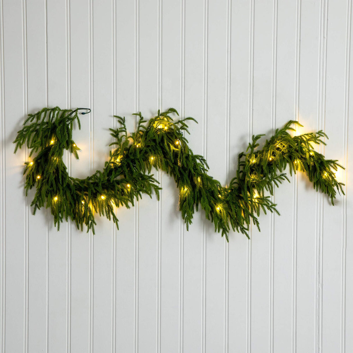 6' Pre-Lit Artificial Real touch Norfolk Island Pine Garland with 35 Warm White LED Lights and Natural Look