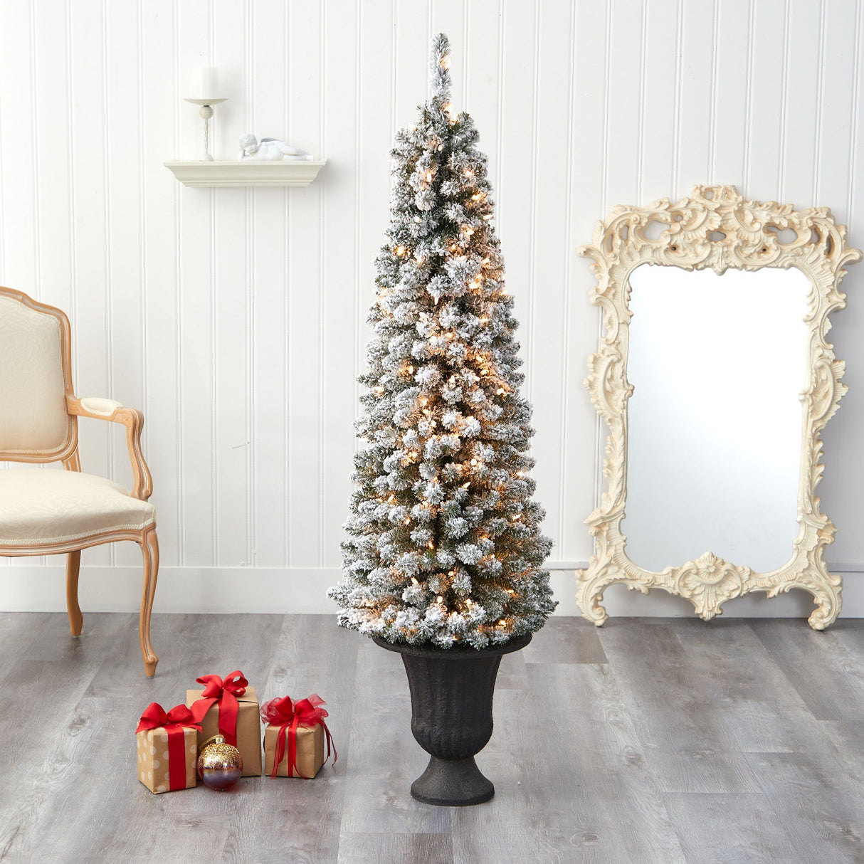 62” Flocked Pencil Artificial Christmas Tree with 200 Clear Lights and 318 Bendable Branches in Charcoal Urn