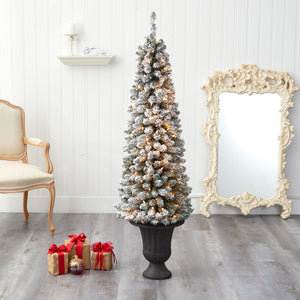 62” Flocked Pencil Artificial Christmas Tree with 200 Clear Lights and 318 Bendable Branches in Charcoal Urn