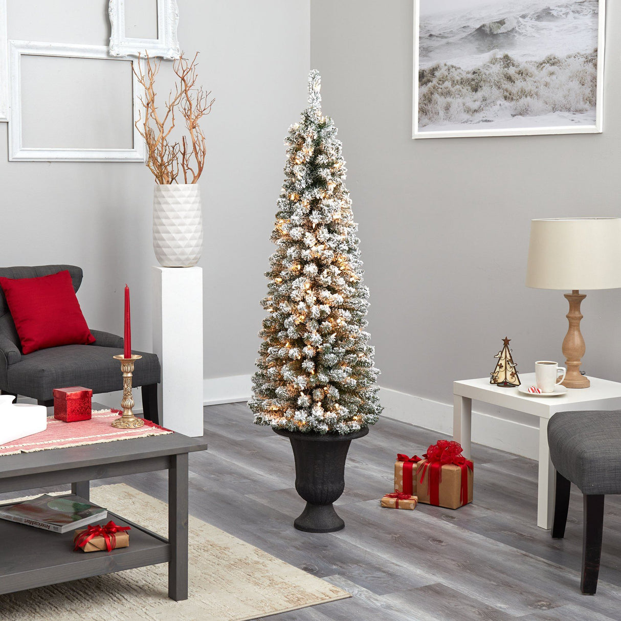 62” Flocked Pencil Artificial Christmas Tree with 200 Clear Lights and 318 Bendable Branches in Charcoal Urn