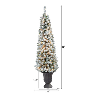 62” Flocked Pencil Artificial Christmas Tree with 200 Clear Lights and 318 Bendable Branches in Charcoal Urn