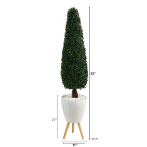 63” Boxwood Topiary Artificial Tree in White Planter with Stand (Indoor/Outdoor)