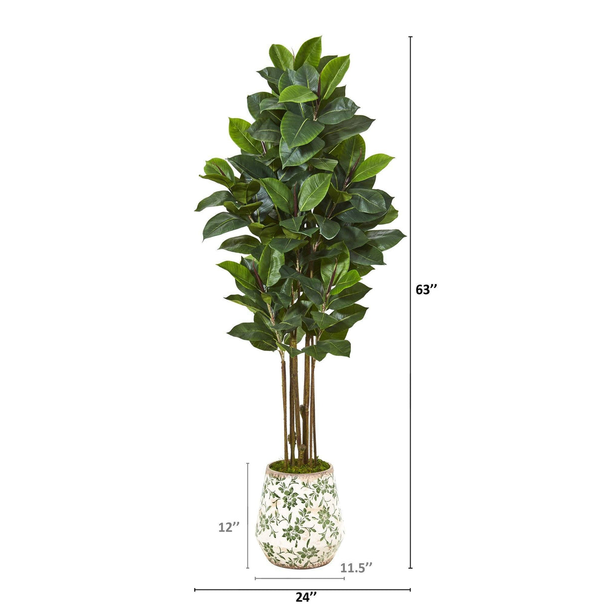 63” Rubber Leaf Artificial Tree in Floral Print Planter