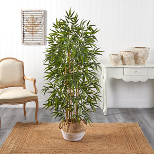 64” Bamboo Tree with Natural Bamboo Trunks in Boho Chic Handmade Cotton & Jute White Woven Planter