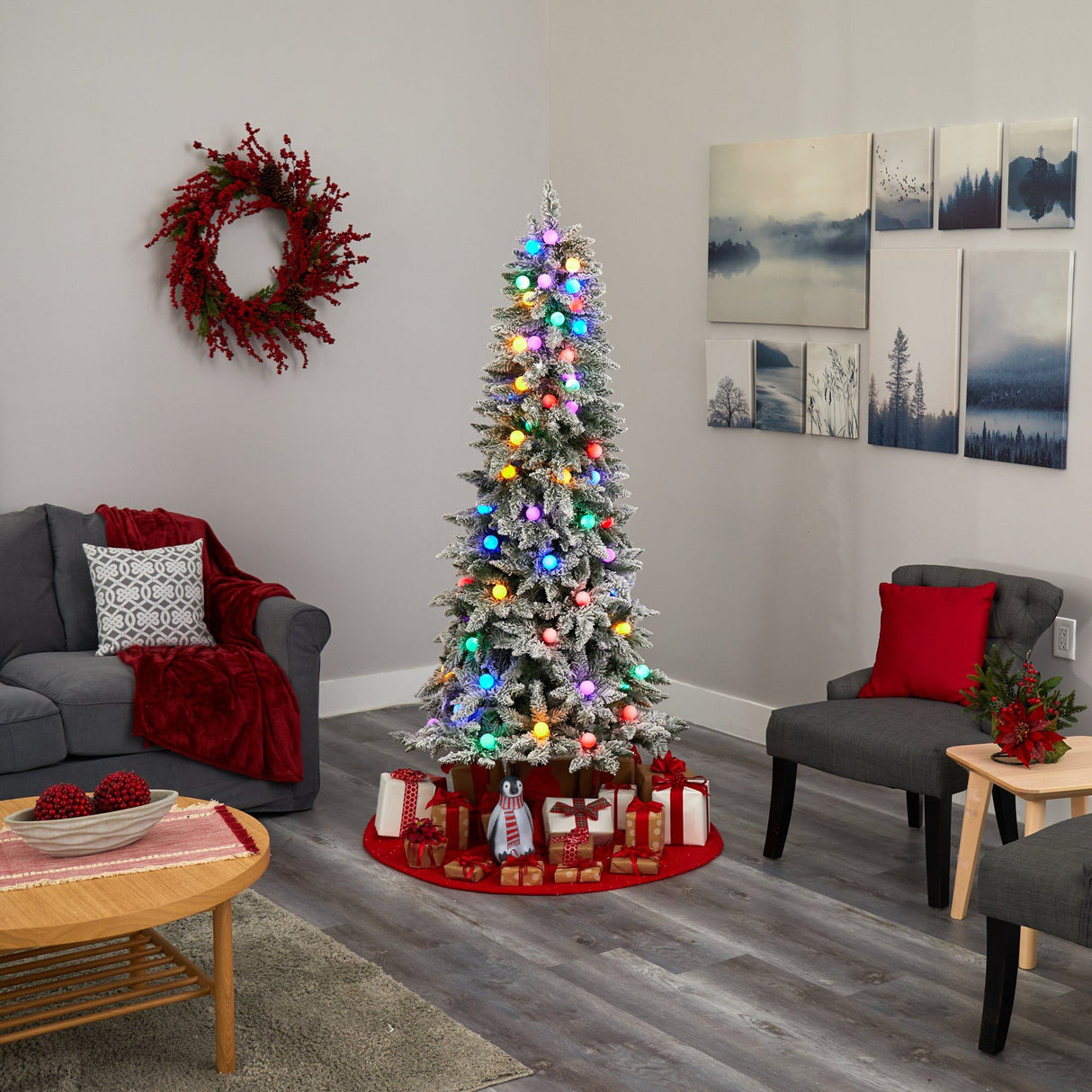 6.5' Flocked British Columbia Mountain Fir Artificial Christmas Tree with 75 Multi Color Globe Bulbs and 679 Bendable Branches