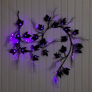 6.5' Pre-Lit Artificial Halloween Black Maple Garland with 48 Orange & Purple LED Lights