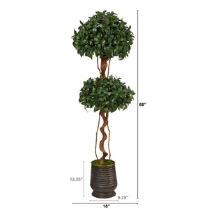 68” Sweet Bay Double Ball Topiary Artificial Tree in Ribbed Metal Planter