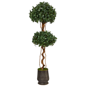 68” Sweet Bay Double Ball Topiary Artificial Tree in Ribbed Metal Planter