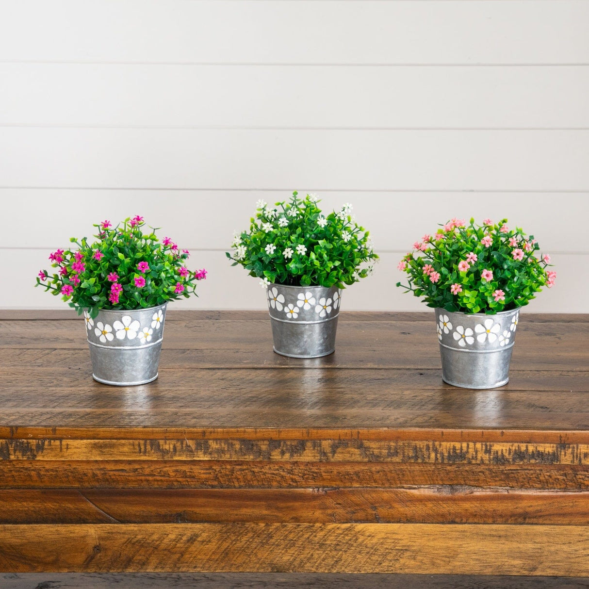 7” Artificial Flowering Mini Daisy Plant in Decorative Daisy Tin Planter -Set of 3