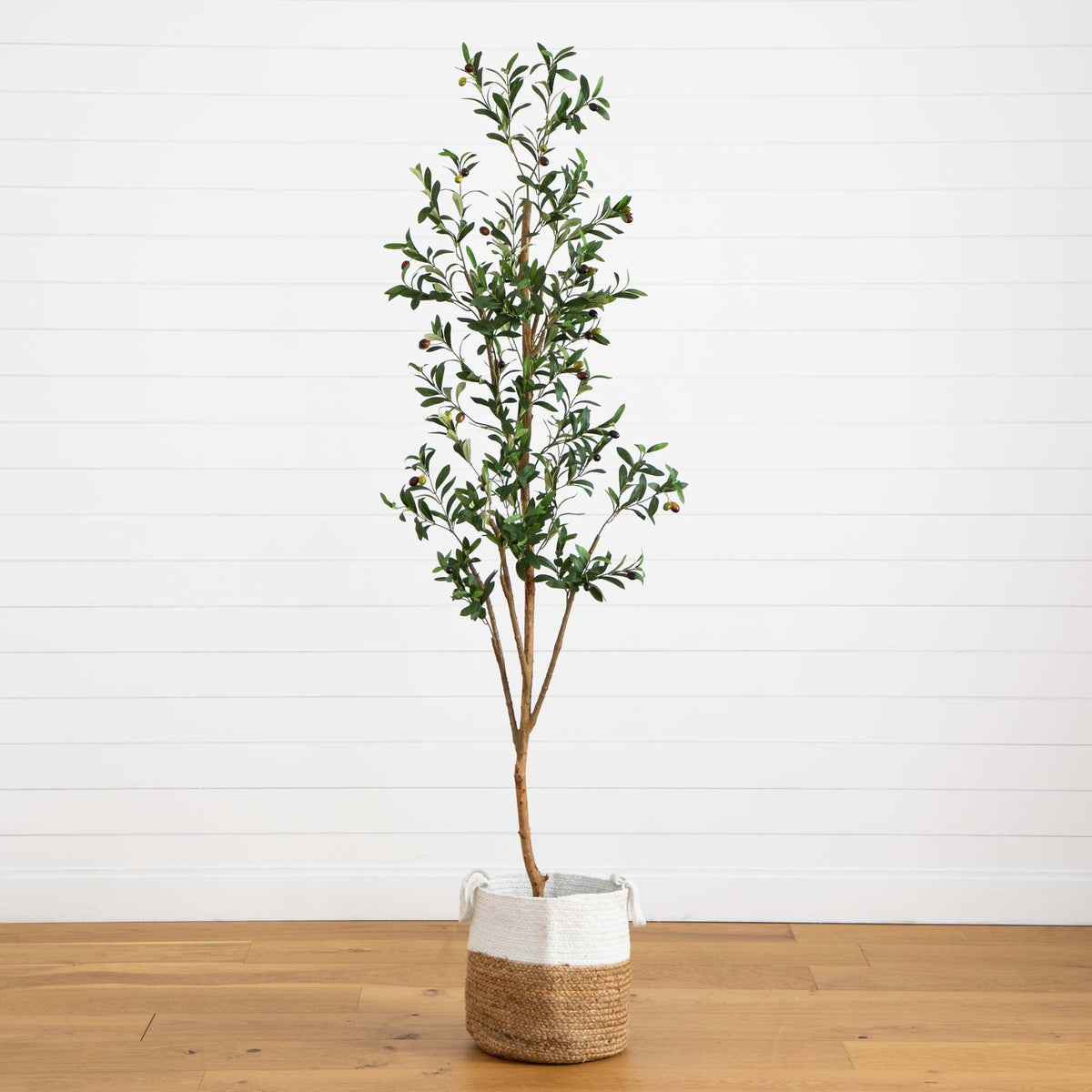 7’ Artificial Olive Tree with Natural Trunk and Handmade Jute Basket ...