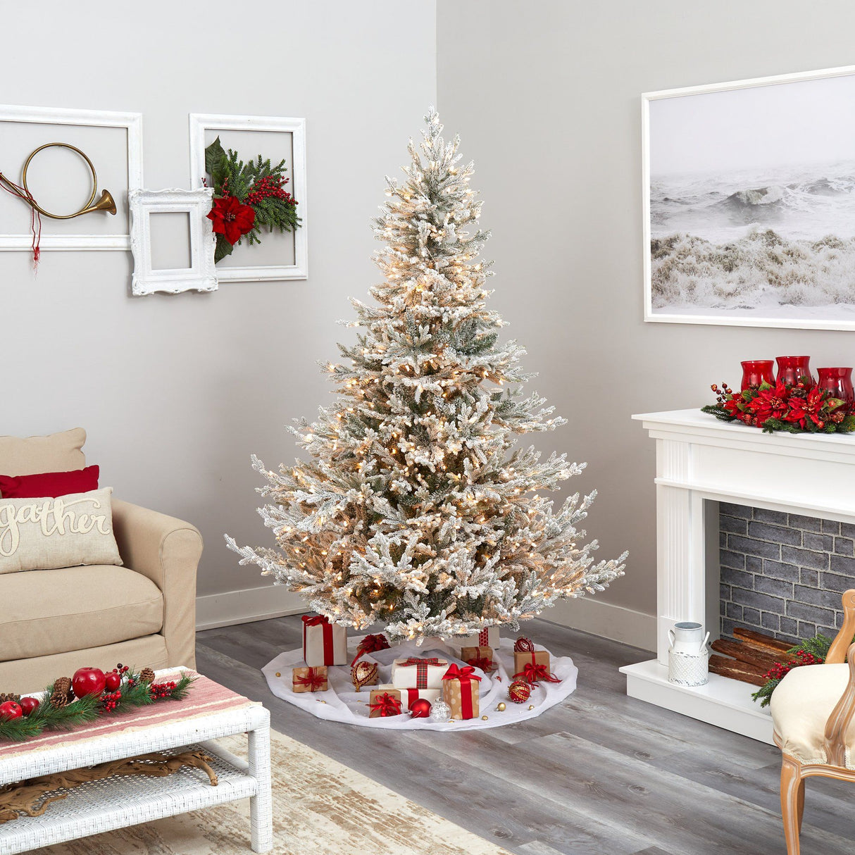 7’ Flocked Fraser Fir Artificial Christmas Tree with 600 Warm White Lights and 3852 Bendable Branches