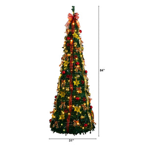7' Pre-Lit Artificial Pop up Christmas Tree with Red & Gold Ornaments, Ribbons and 180 Warm White LED Lights