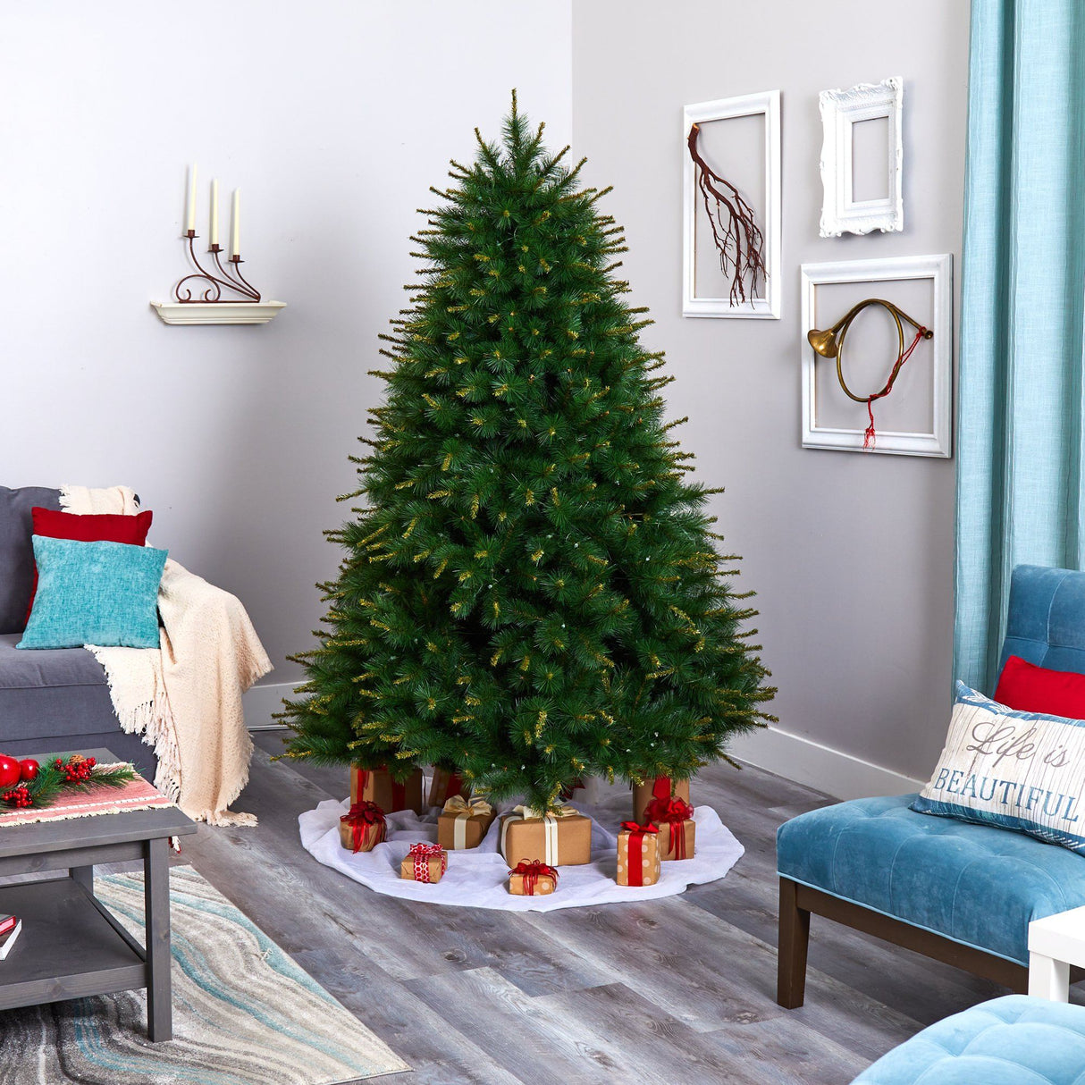 7’ New England Pine Artificial Christmas Tree with 400 Clear Lights and 1044 Bendable Branches