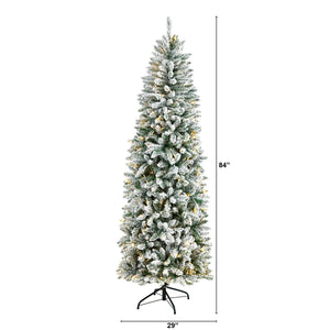7’ Slim Flocked Montreal Fir Christmas Tree with 300 Warm White LED Lights and 995 Bendable Branches
