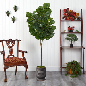 74” Fiddle leaf Fig Artificial Tree in Ribbed Metal Planter