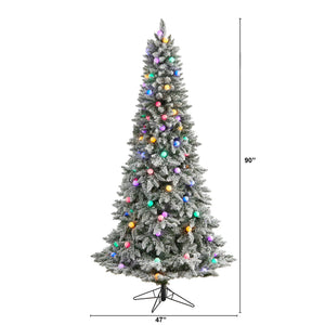 7.5' Flocked British Columbia Mountain Fir Artificial Christmas Tree with 95 Multi Color Globe Bulbs and 1113 Branches