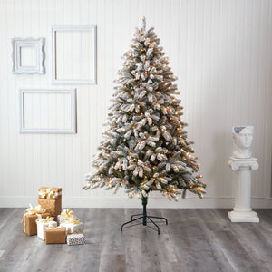 7.5’ Flocked South Carolina Spruce Artificial Christmas Tree with 600 Clear Lights and 1537 Bendable Branches
