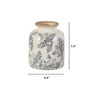 7.5” Floral Tuscan Ceramic Gray Scroll Vase