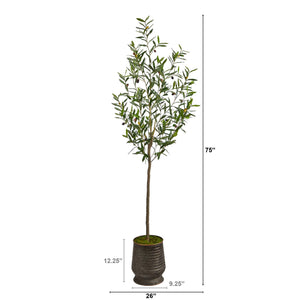 75” Olive Artificial Tree in Ribbed Metal Planter