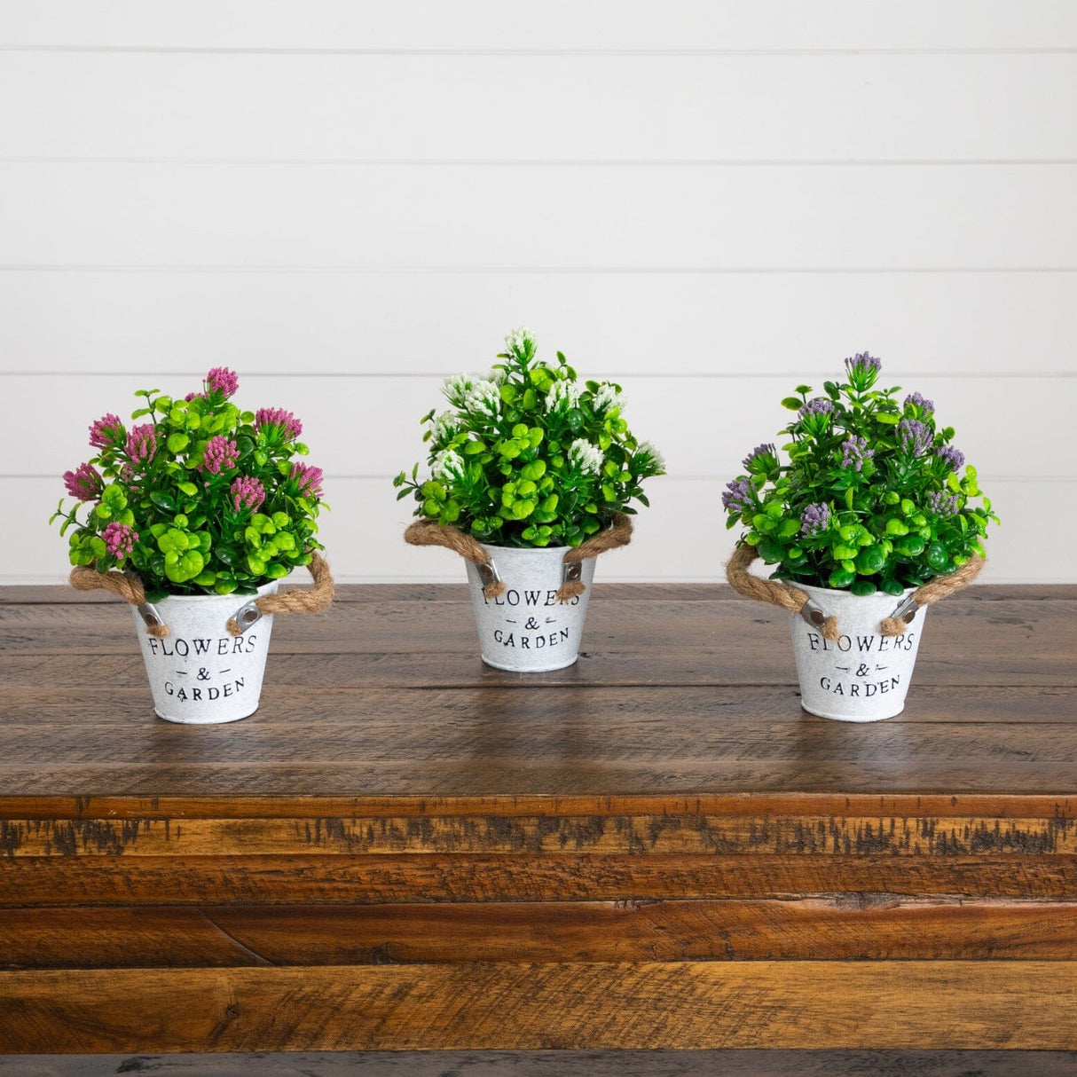 8” Artificial Blooming Plant in Rustic Flowers & Garden Planter -Set of 3