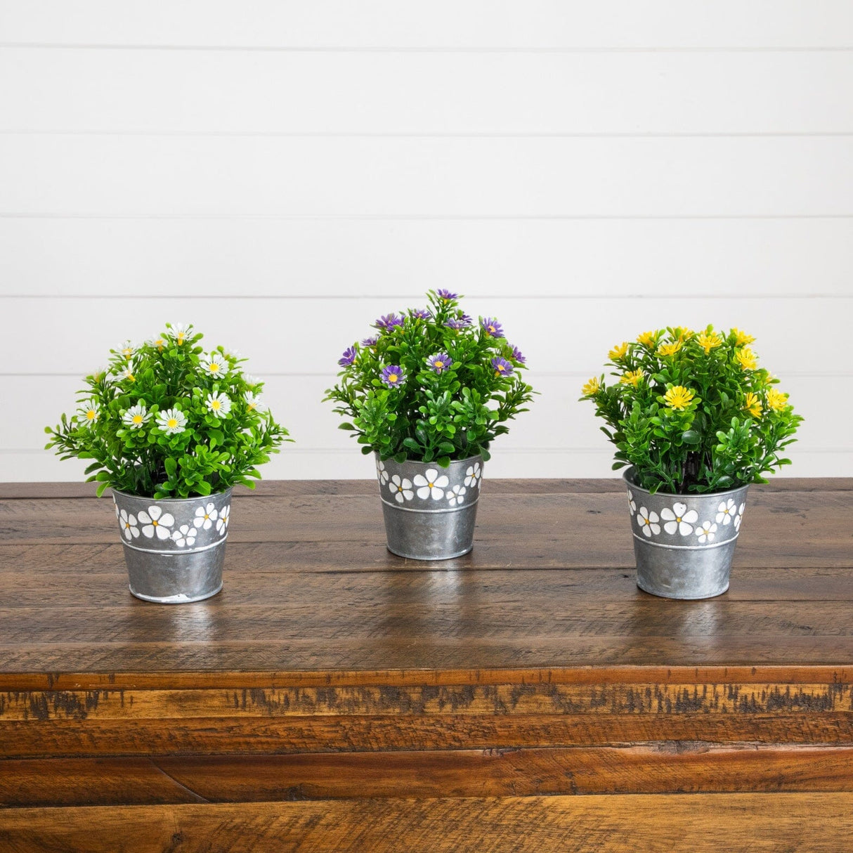 8” Artificial Daisy Plant in Decorative Daisy Tin Planter -Set of 3