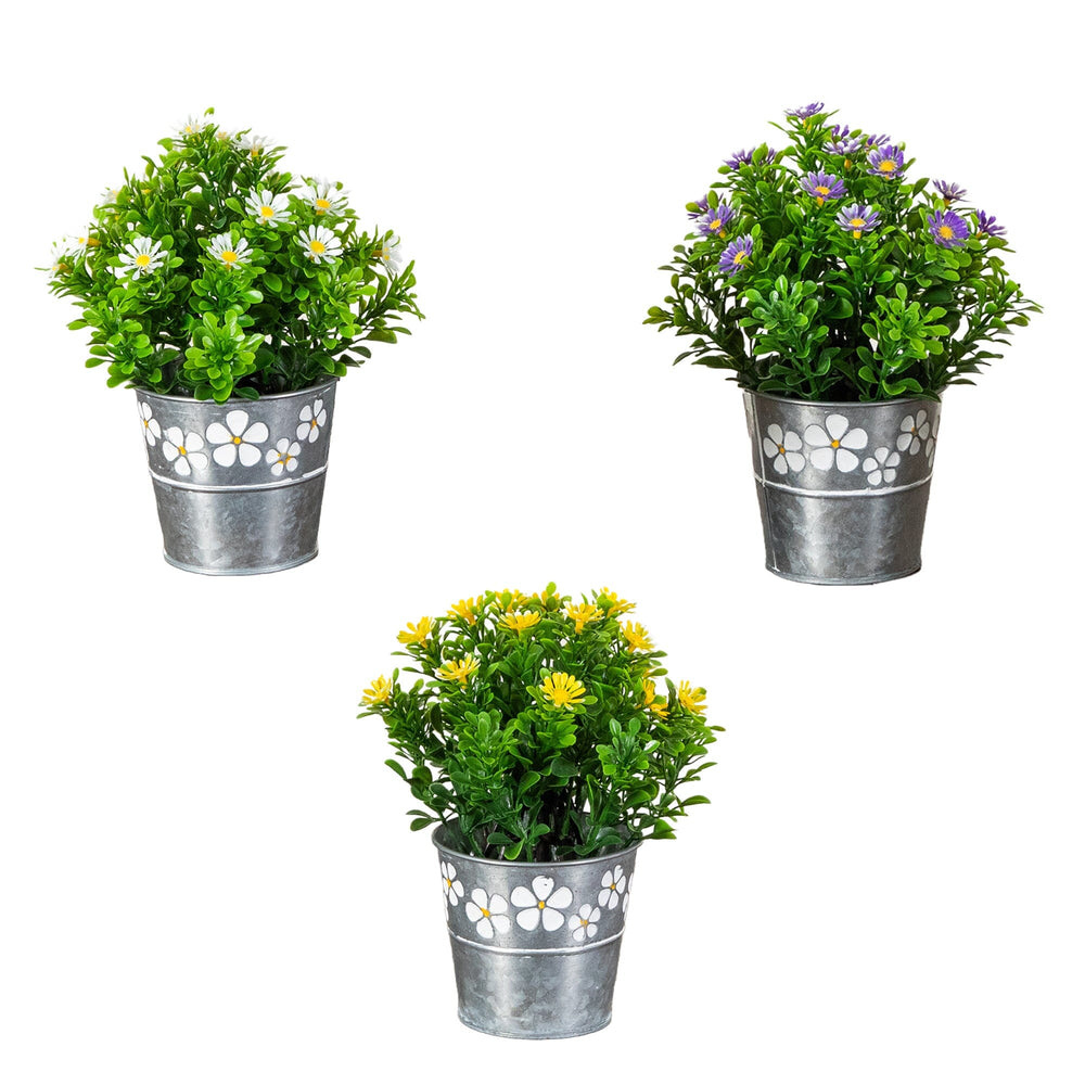 8” Artificial Daisy Plant in Decorative Daisy Tin Planter -Set of 3