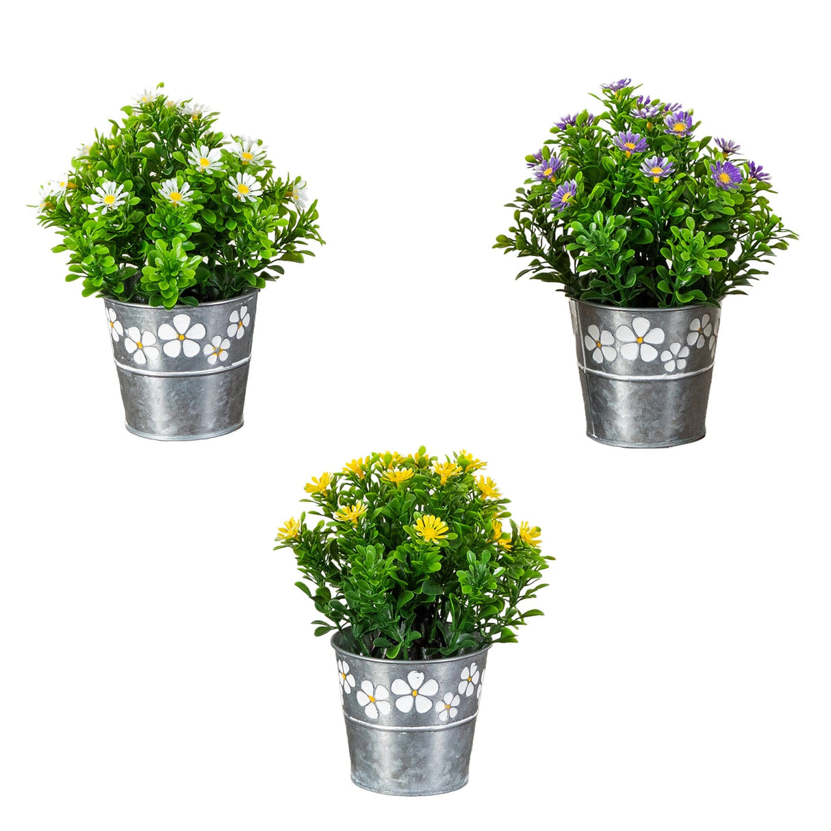 8” Artificial Daisy Plant in Decorative Daisy Tin Planter -Set of 3
