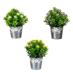 8” Artificial Daisy Plant in Decorative Daisy Tin Planter -Set of 3