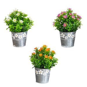 8” Artificial Daisy Plant in Decorative Daisy Tin Planter -Set of 3