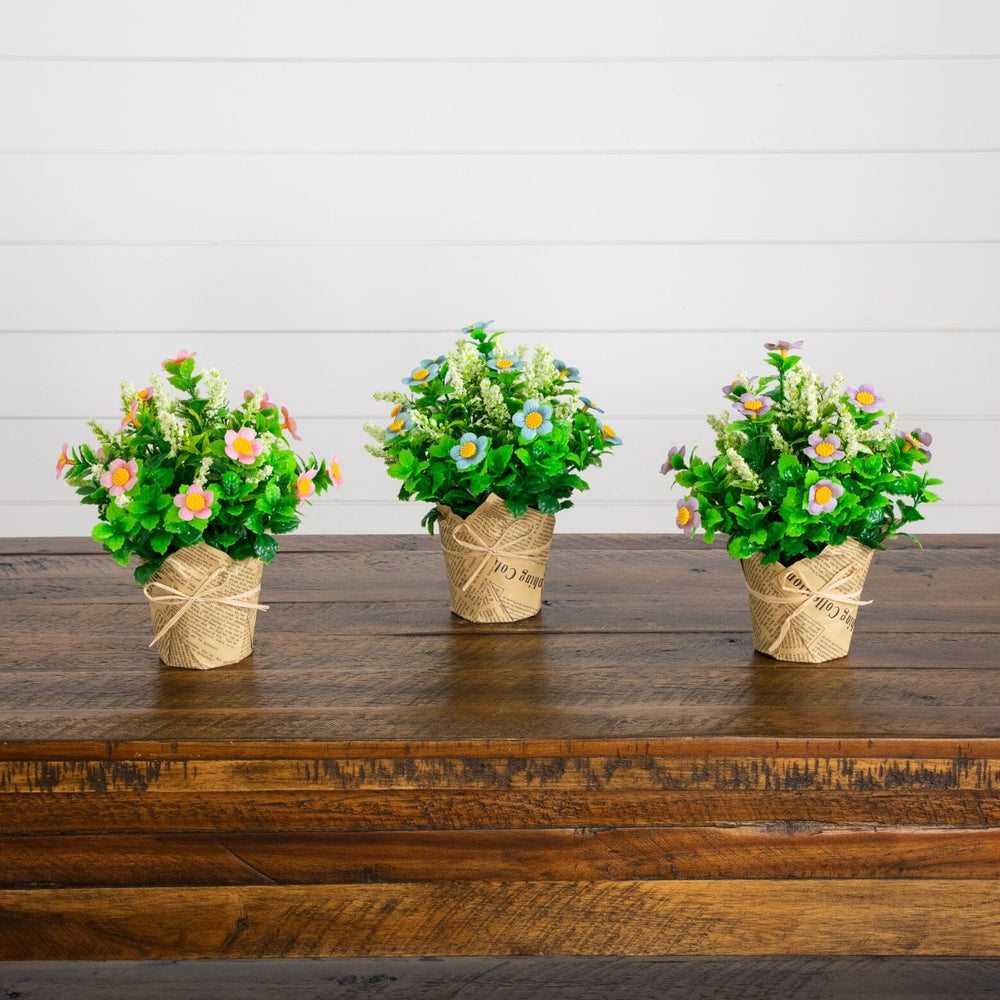 8" Artificial Daisy Plant in Newspaper Wrapped Planter -Set of 3